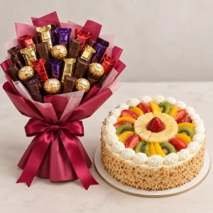 Fresh Fruit Cake with Chocolate Bouquet