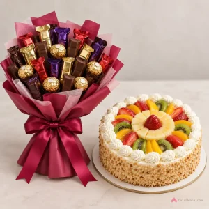 Fresh Fruit Cake with Chocolate Bouquet - PetalWala