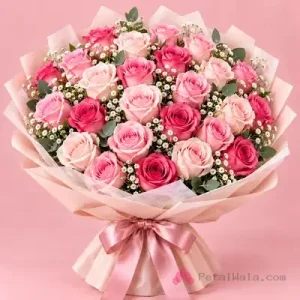 Grand Pink Roses Blush Wrap Bouquet - PetalWala