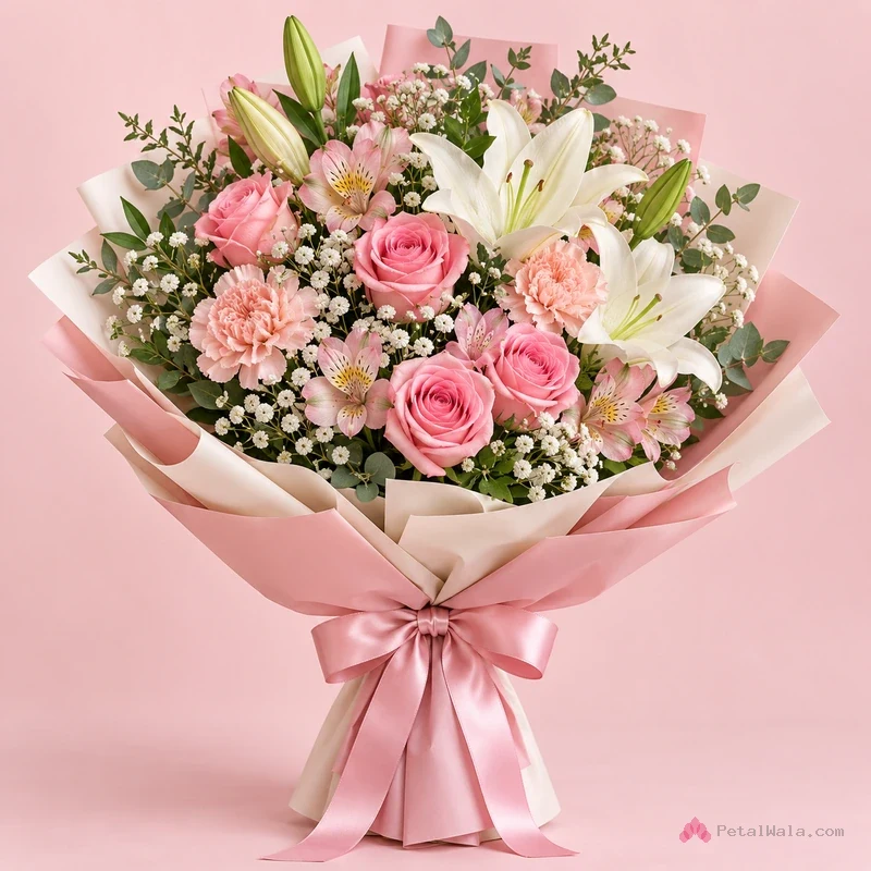 Blush Mixed Flowers Celebration Bouquet - PetalWala