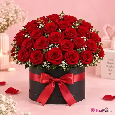 Red Roses Black Hatbox Arrangement